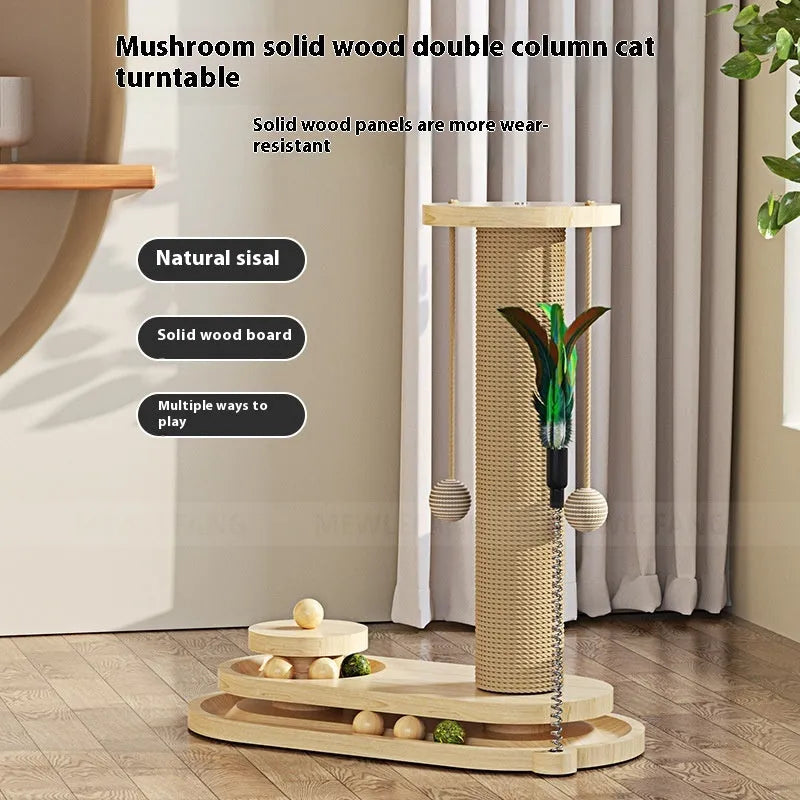 Solid wood cat climbing frame with a central rotating turntable, shown in a basic style big flower design.