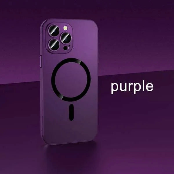 iPhone protective case with aluminium alloy frame in dark purple colour with magnetic snap.