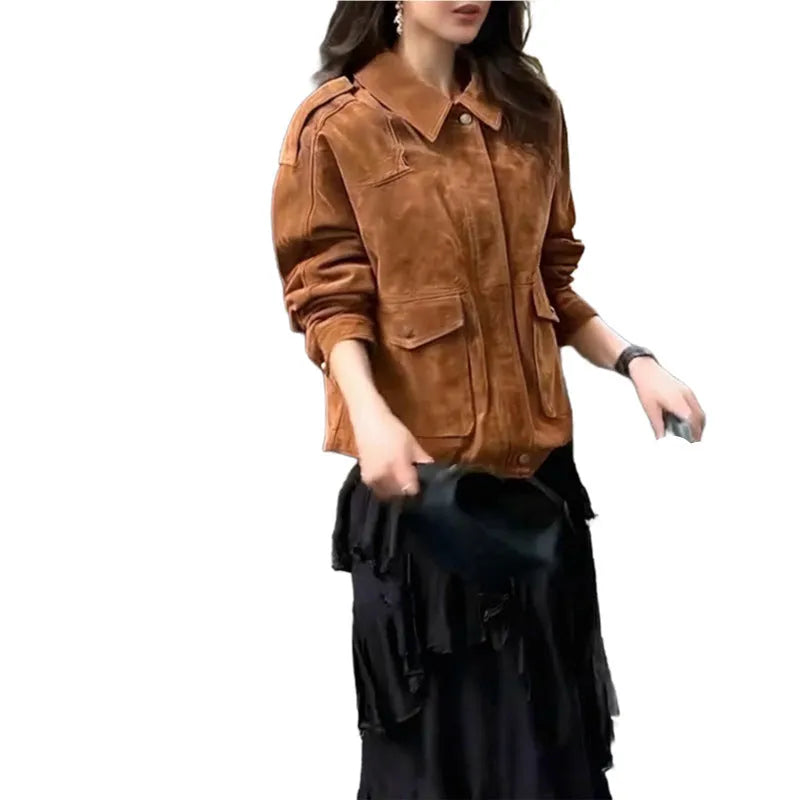 Women's brown suede-style coat with regular sleeves and street chic design