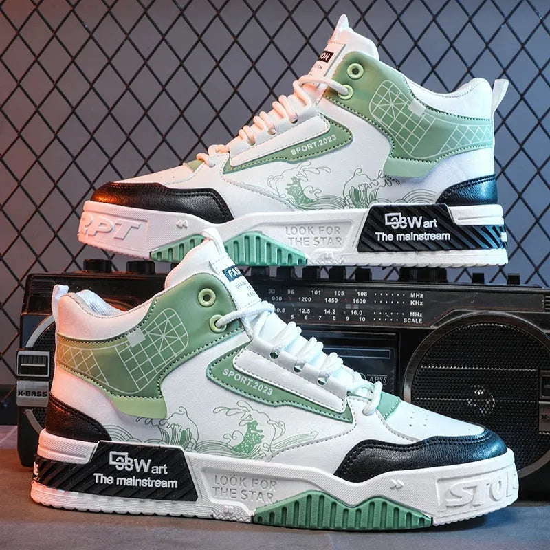 Men's beige board shoes with lace-up front and high-top design on flat rubber soles