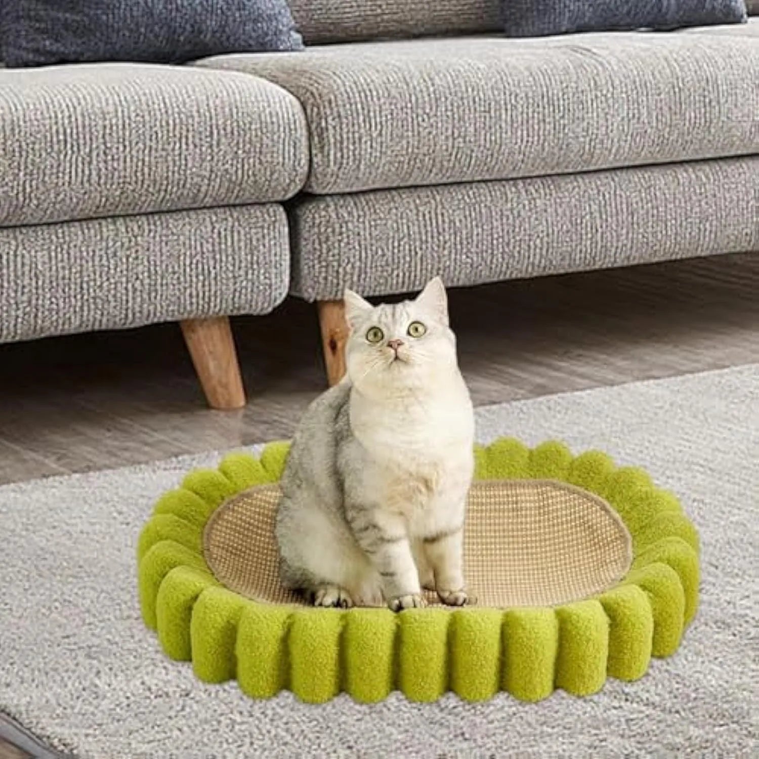 Green oval-shaped cat scratch pad bowl with sisal scratching surface, functioning as a cat bed.