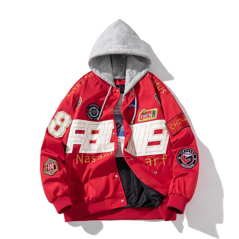 Black American motorcycle-style loose-fit baseball jacket with side pocket, shown with detachable hood.