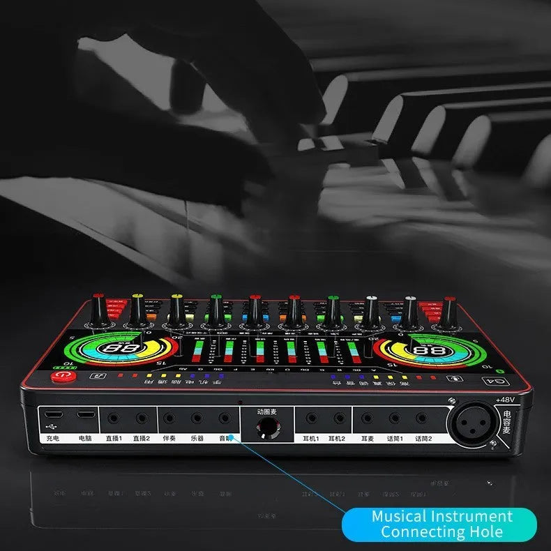 G4 professional live sound card mixer with LCD screen, control knobs, and included microphone on a desk