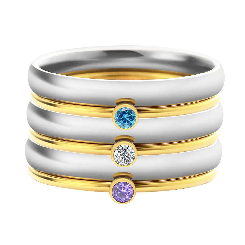 December birthstone titanium steel ring with geometric engraving and electroplated finish