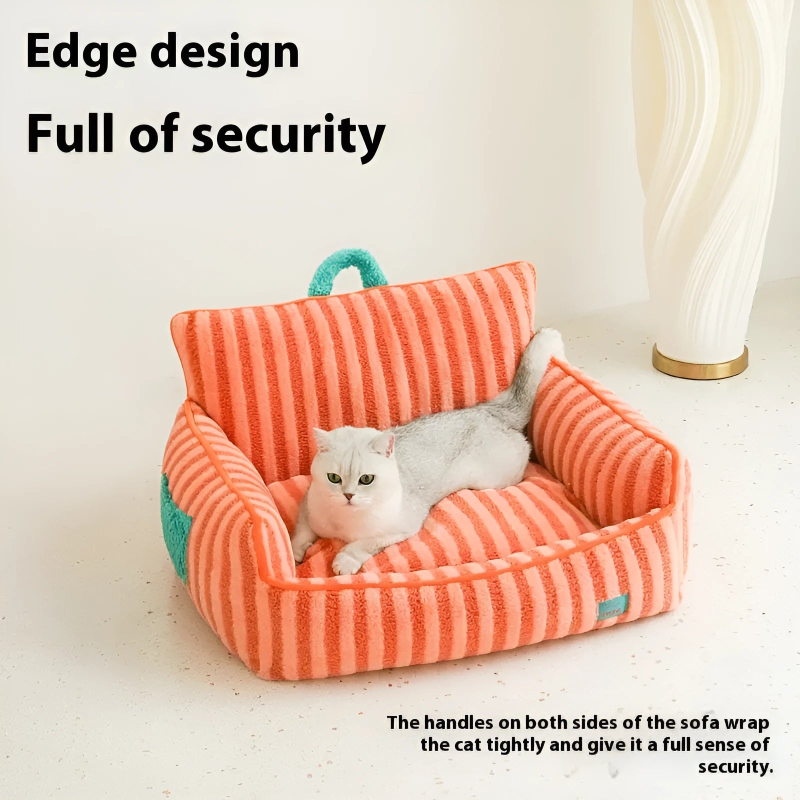Striped soft velvet pet bed for dogs with removable washable cover in orange, purple, and yellow colours.
