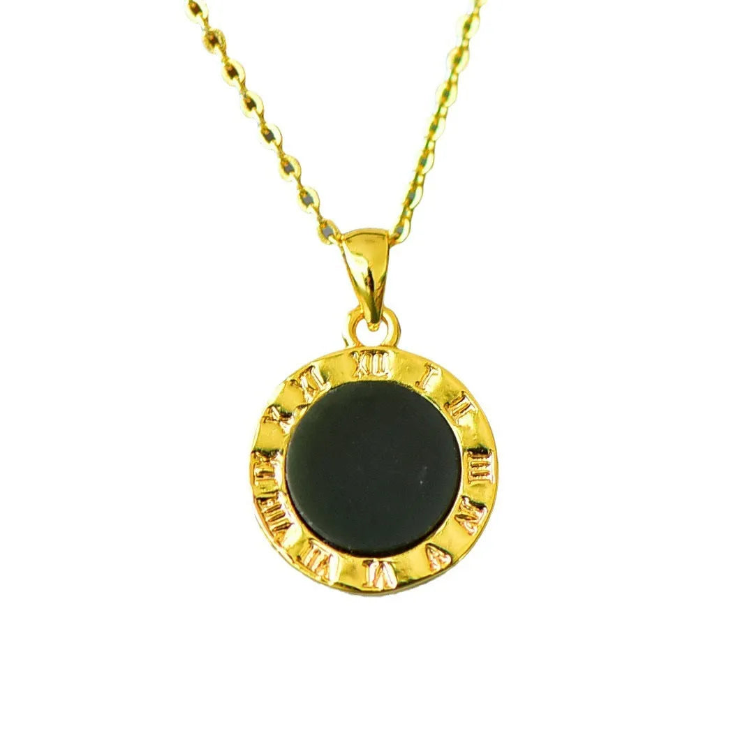 Flat natural grey Hetian jade pendant with copper inlay on a necklace chain, modern minimalist style.