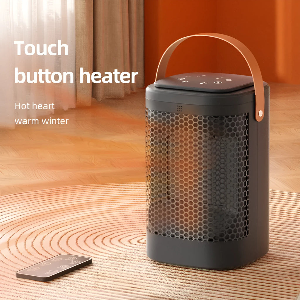 White portable fan heater with digital touch screen display and remote control.