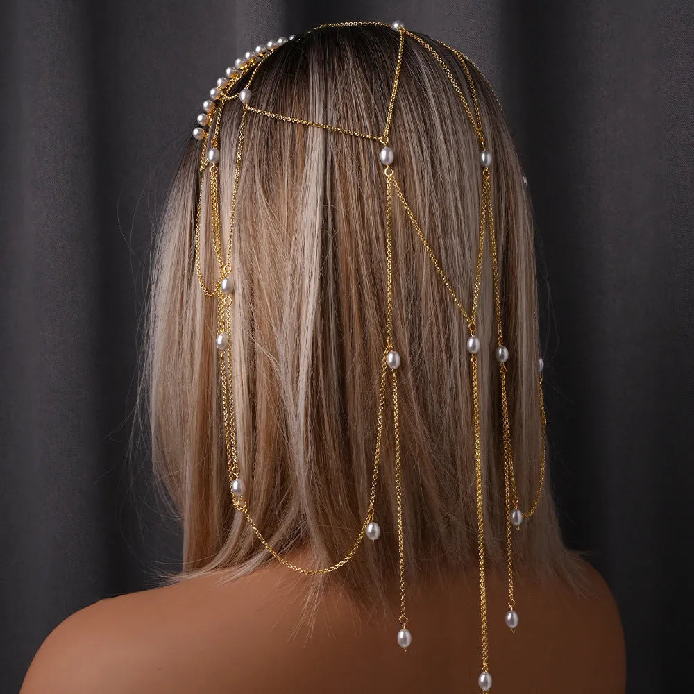 Gold electroplated mesh hair chain with pearls and tassel detailing for women