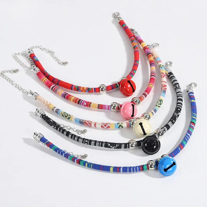 Ethnic style adjustable pet collar with bell in various colours for cats and small dogs