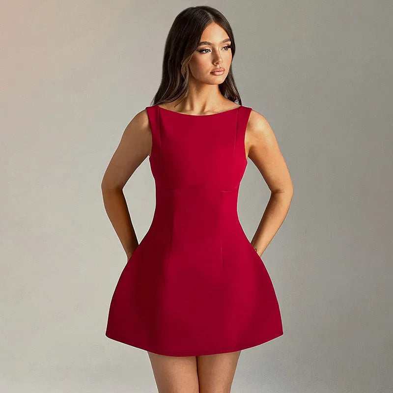 A slim-fitting, backless, sleeveless summer dress with a high waist and short skirt.