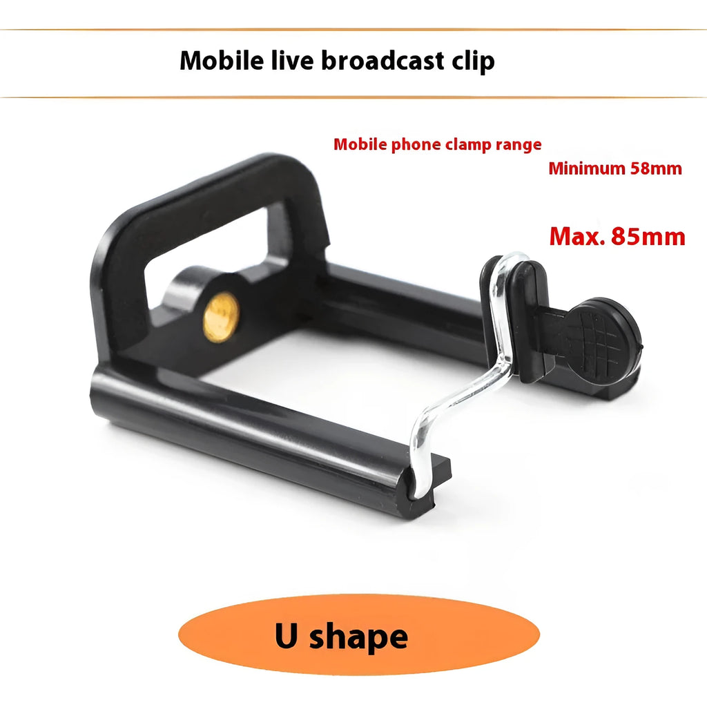Black plastic U-shaped clip holder for mounting a mobile phone on a pipe or rail.