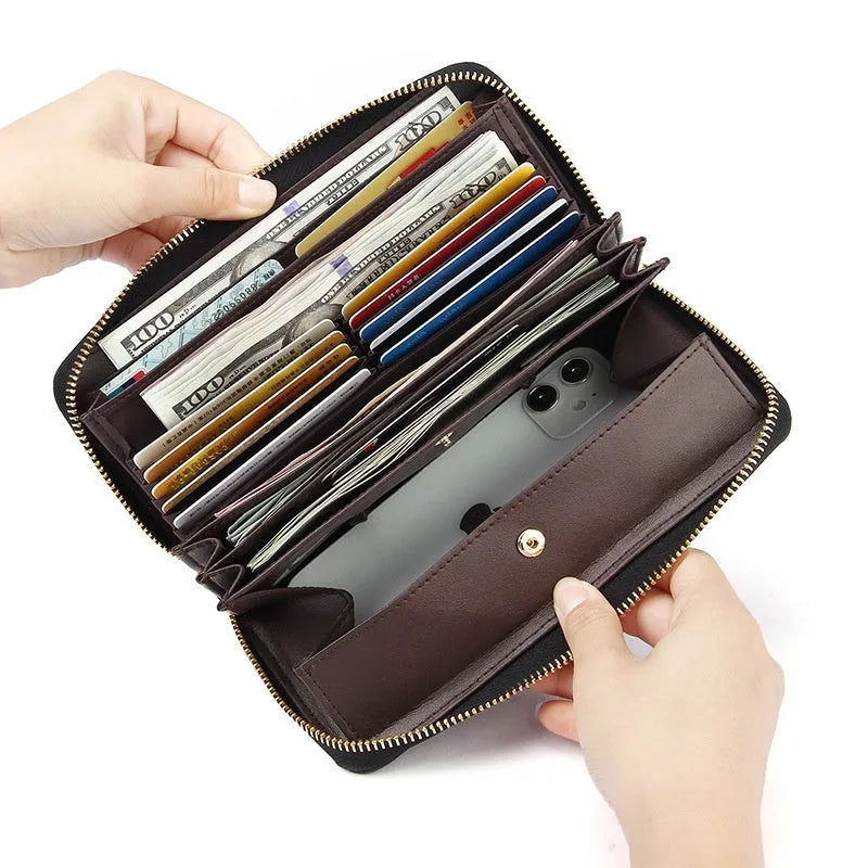 Long genuine leather women's wallet showing six colour options with anti-theft card swiping feature