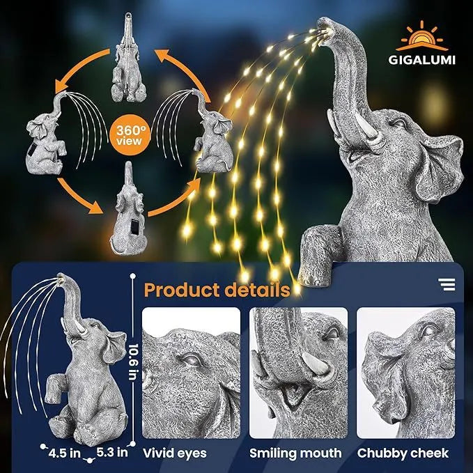 Outdoor garden elephant sculpture made from resin with integrated LED light strip for nighttime illumination