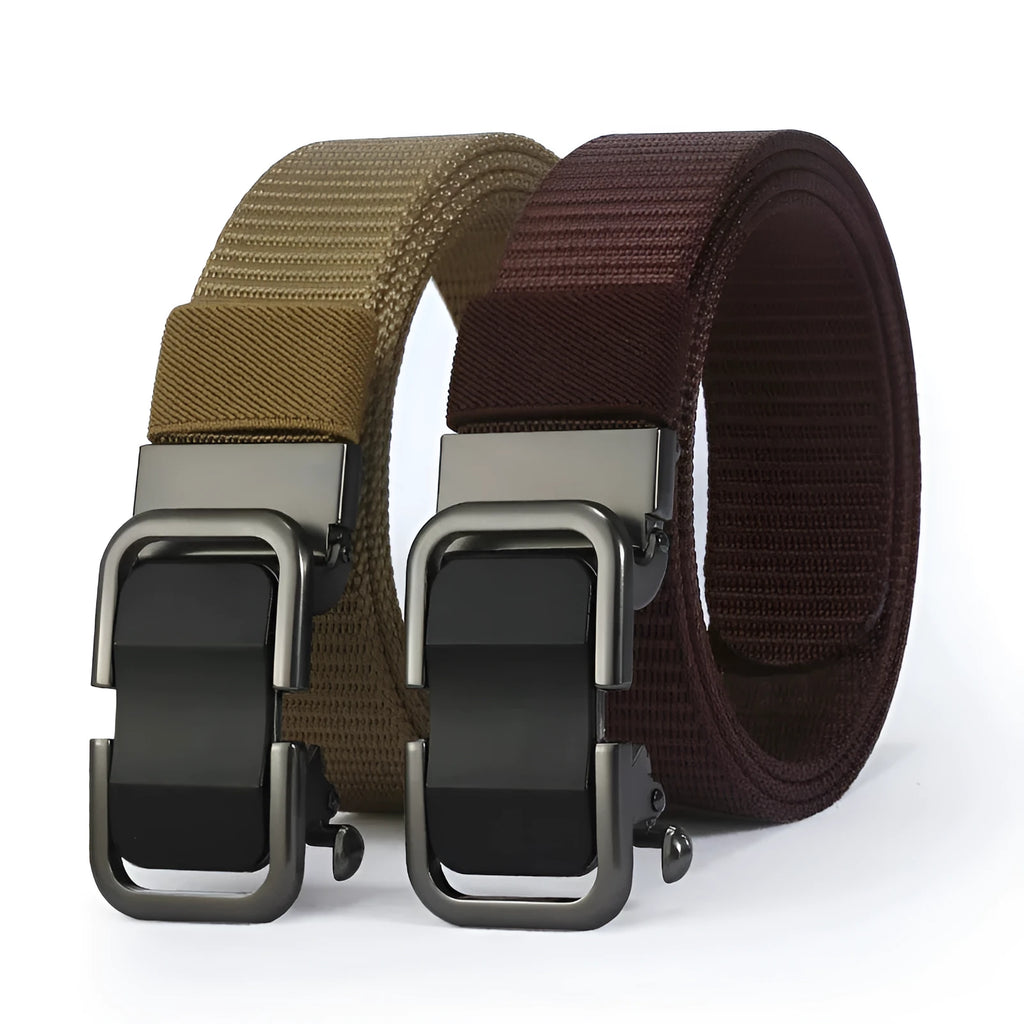 Men's toothless nylon canvas belt with alloy buckle showing adjustment mechanism