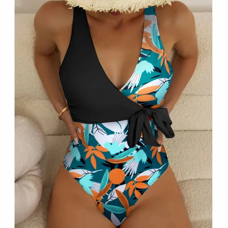 Women's high waist one-piece bikini swimsuit in printed polyester fabric