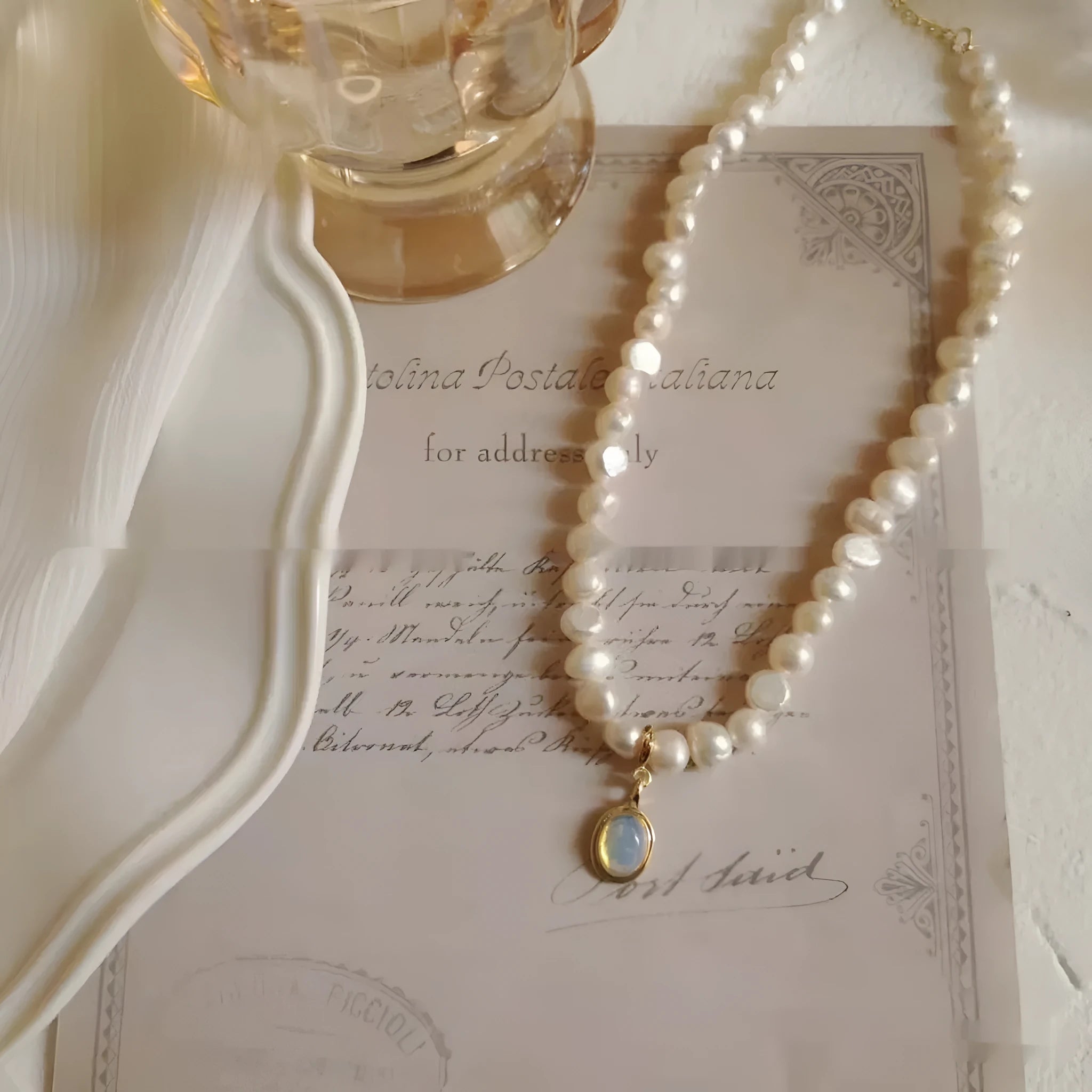 French court vintage pearl necklace with geometric pendant on adjustable alloy chain