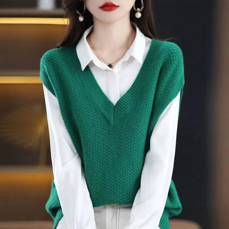 Women's V-neck sleeveless vest pullover with 3D pattern in acrylic knit, shown in multiple colour options