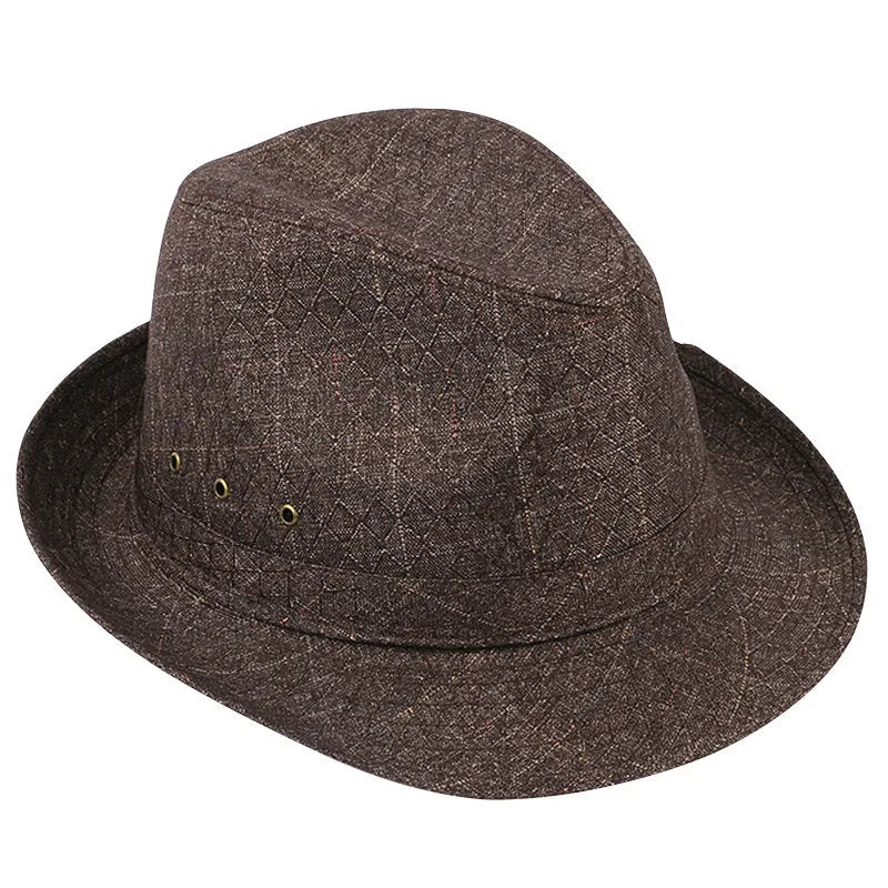 Men's thickened suit material fedora hat shown in multiple colours including black, navy blue, and hemp beige