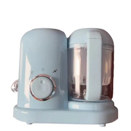 Green and pink baby food processor with steamer and blender functions, showing double mixing blades.