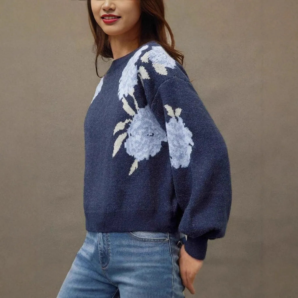 Sapphire blue women's pullover with floral jacquard pattern, loose streetwear fit