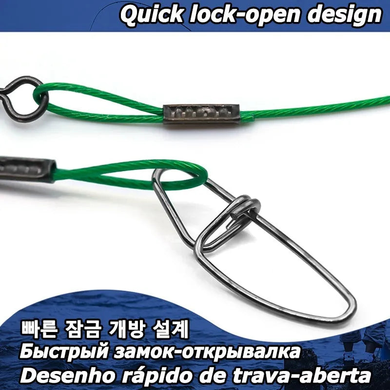 54cm steel wire fishing leaders with double buckle pins in green, black and red colours