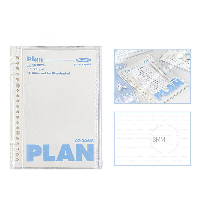 A5 size spiral-bound notebook with a PVC cover, shown in blue and white colour options.