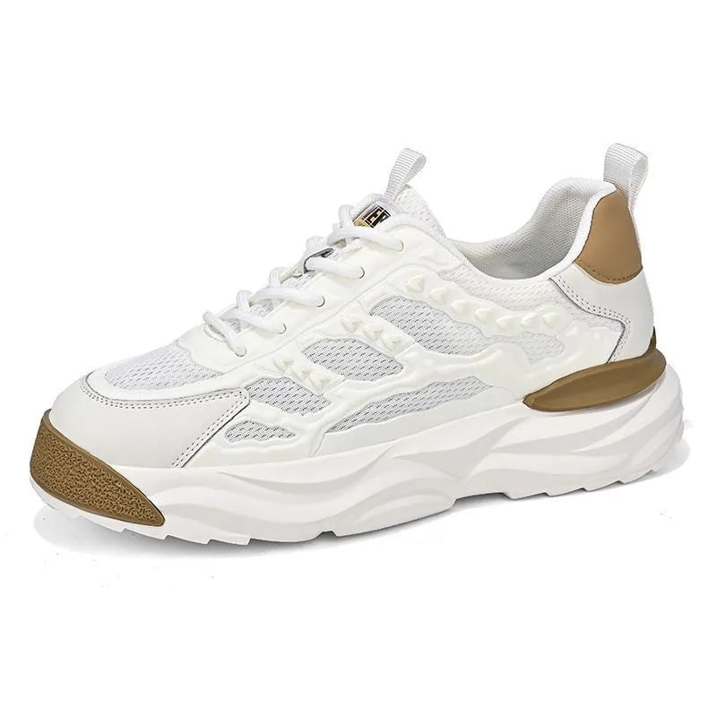 Men's breathable mesh shoes with PU upper and round toe in white or black