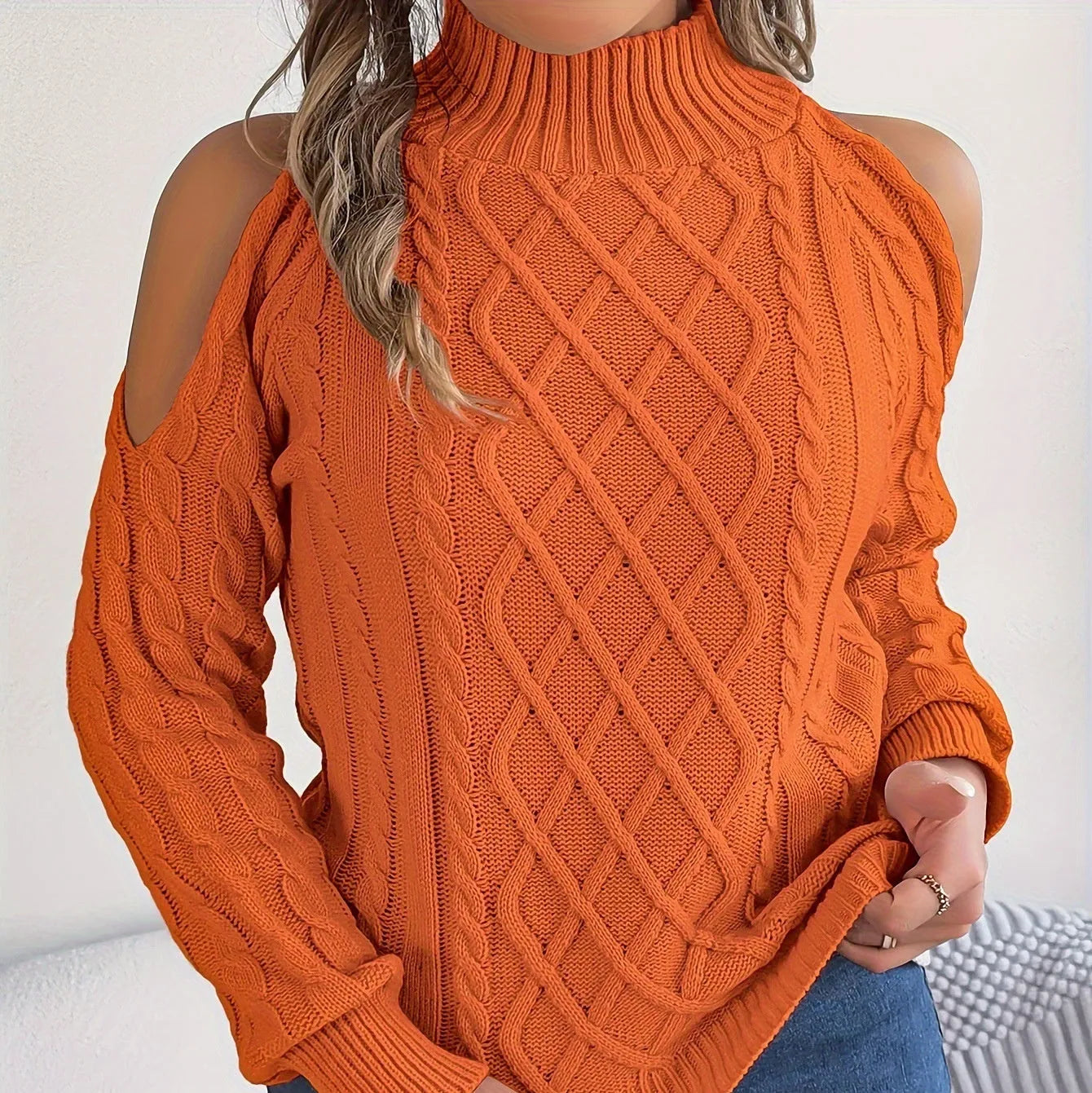Women's twisted pattern acrylic sweater with lantern sleeves and strapless half-high collar in grey colour