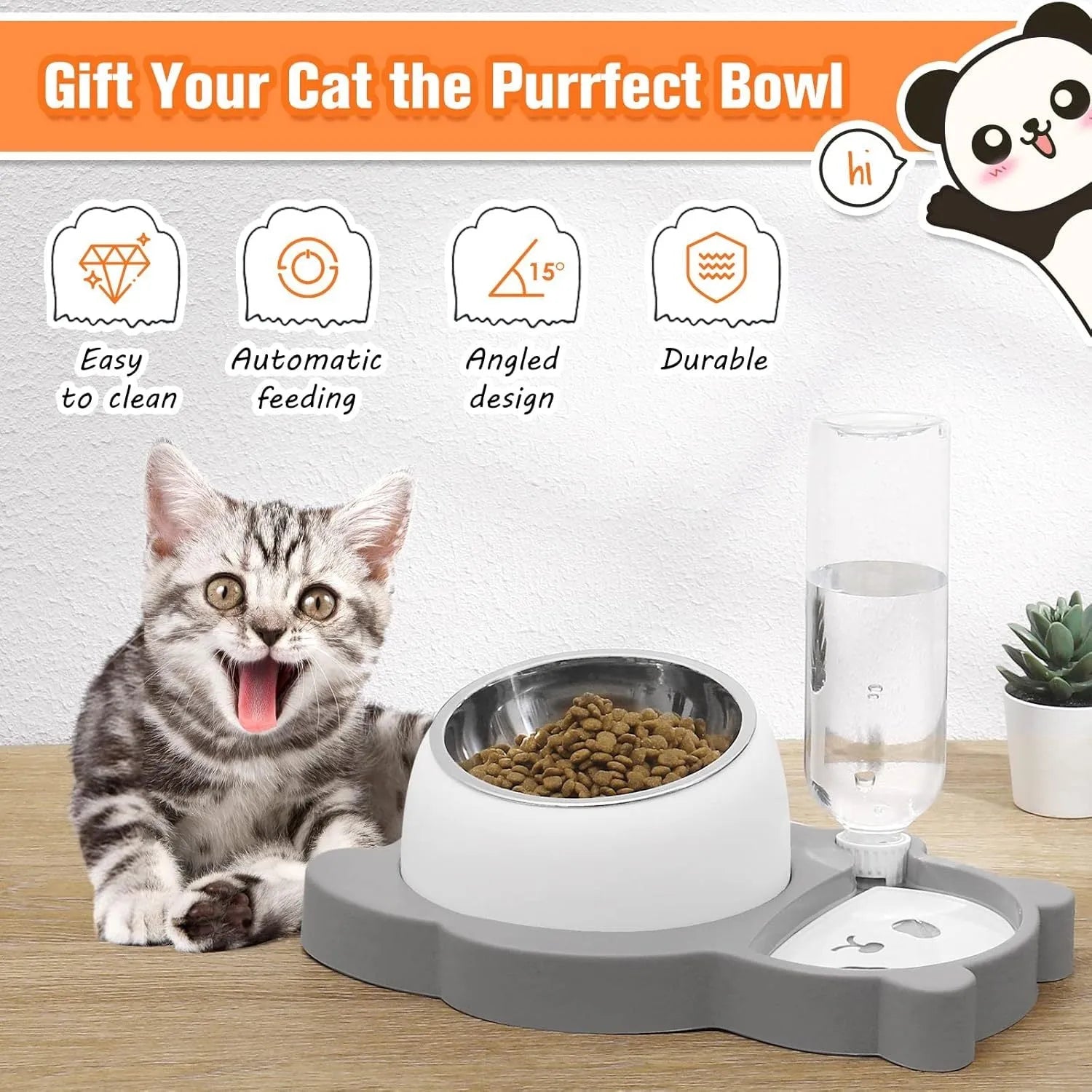 Grey and green panda-shaped automatic water dispenser with tilted stainless steel pet bowls.