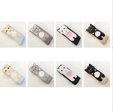 Canvas pencil case with cat cartoon design, large zipper opening, square shape, available in blue beige gray black