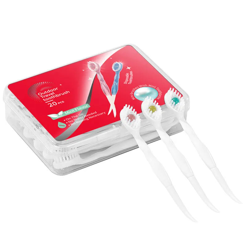 Box of 20 disposable mint flavour bead toothbrushes for portable oral care.
