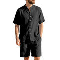 Men's light blue linen blend summer suit with henry collar shirt and shorts on a hanger.