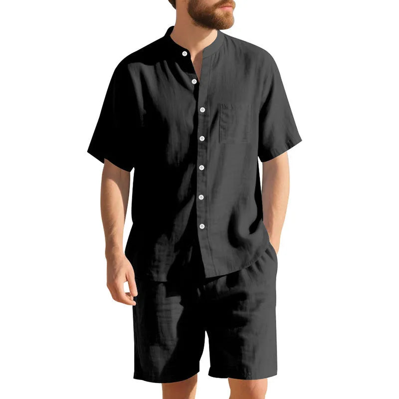Men's light blue linen blend summer suit with henry collar shirt and shorts on a hanger.