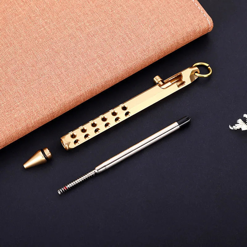 Brass hexagonal bolt pen with 0.5mm tip showing hexagonal profile and signature roller mechanism