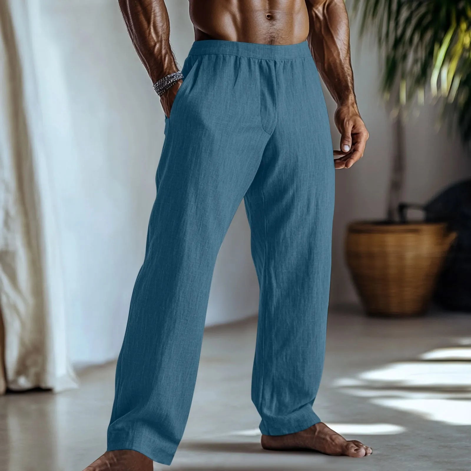 Cotton and linen straight leg casual trousers in British style with pocket details