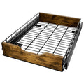 Black household storage rack with wood and iron frame and pull basket drawer