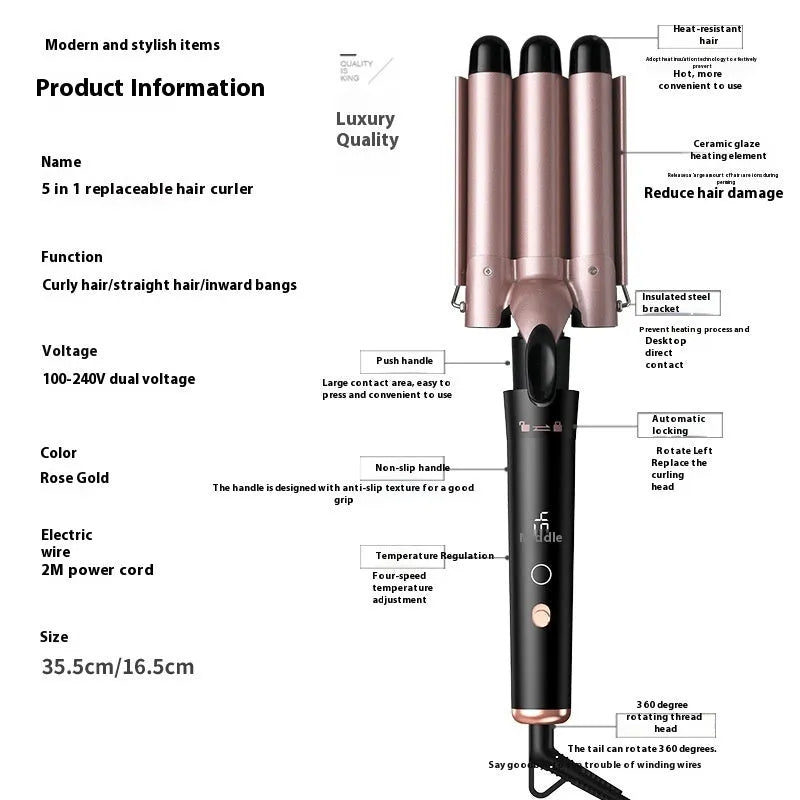 Rose gold hair curler with LCD display, replacement tubes, and heat-resistant gloves on a table.