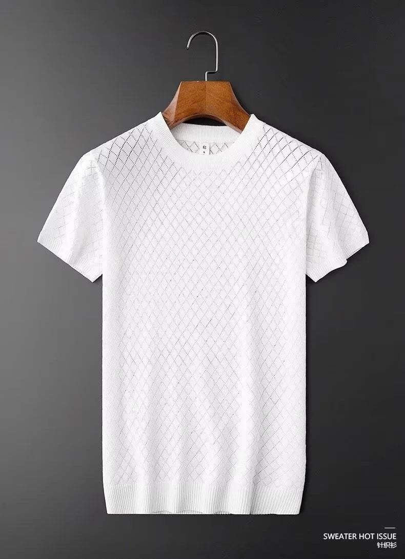 Men's ice silk short sleeve T-shirt shown in black and white, featuring both V-neck and round neck style options.