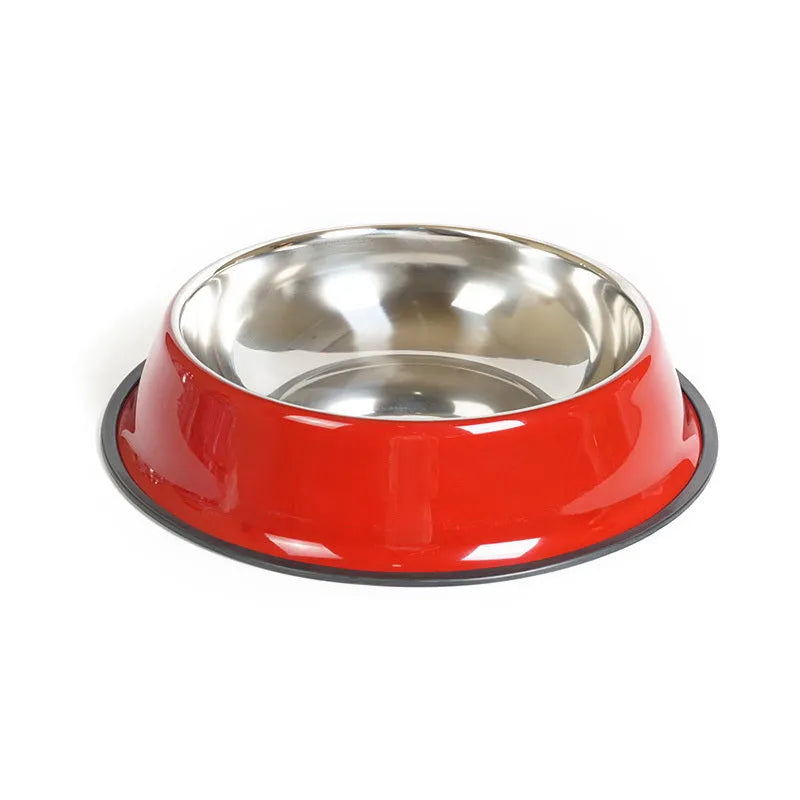 Stainless steel pet bowl with colourful melamine exterior and non-slip rubber base in multiple size options