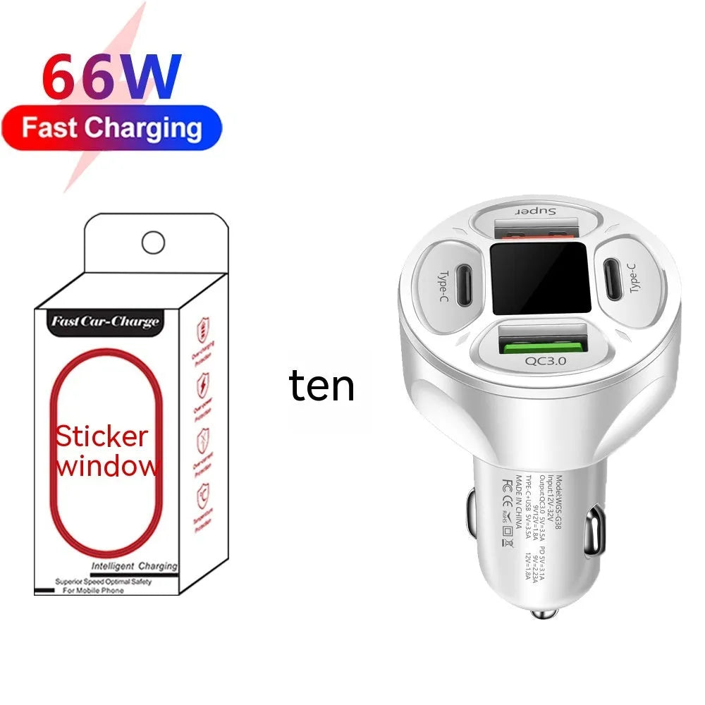 Black 66W digital display car charger with two USB ports and two Type-C ports.