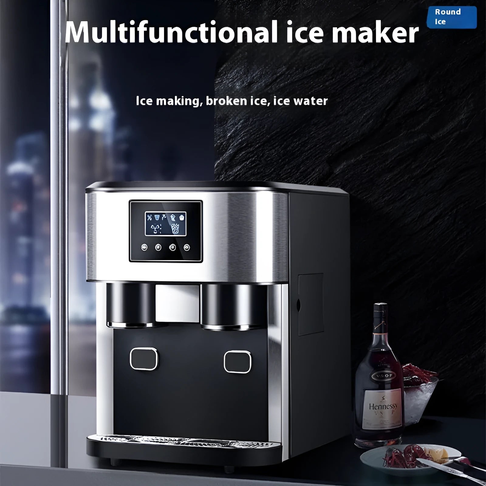 Black desktop ice maker with stainless steel interior showing ice crushing and water dispensing functions
