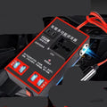 Black car power converter converting 12V/24V to 220V with socket and USB ports