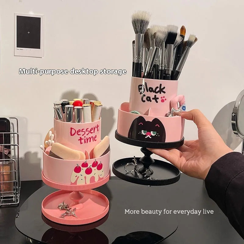 Beige rotating cosmetic brush storage barrel with 18-litre capacity on a table.