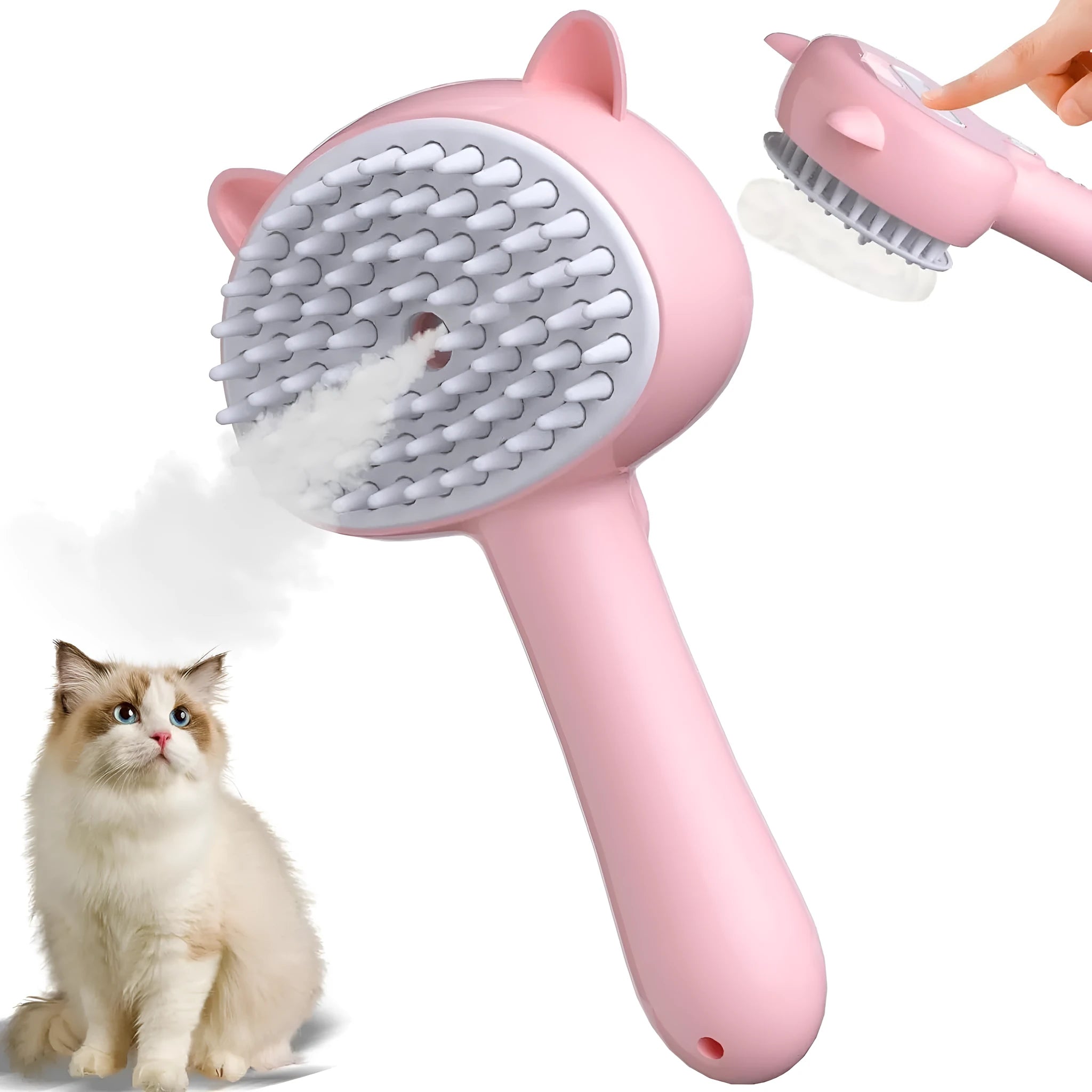 Blue cat steam brush with rubber bristles and misting function for pet grooming