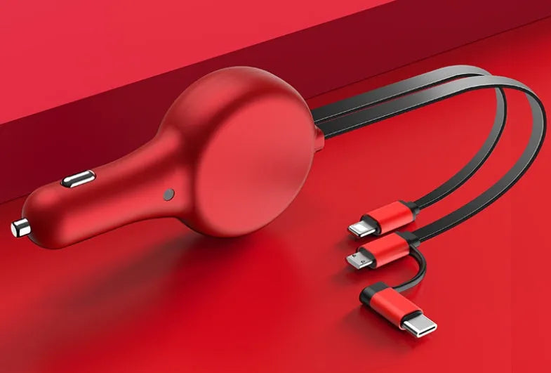 Black retractable car charger with extended charging cables showing three different charging head types