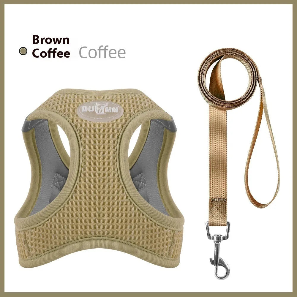 Brown waffle cloth cat harness with chest strap and integrated hand holding rope