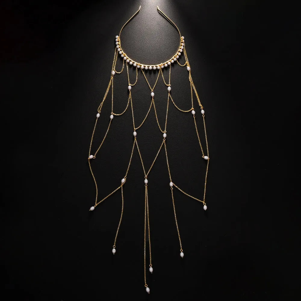 Gold electroplated mesh hair chain with pearls and tassel detailing for women