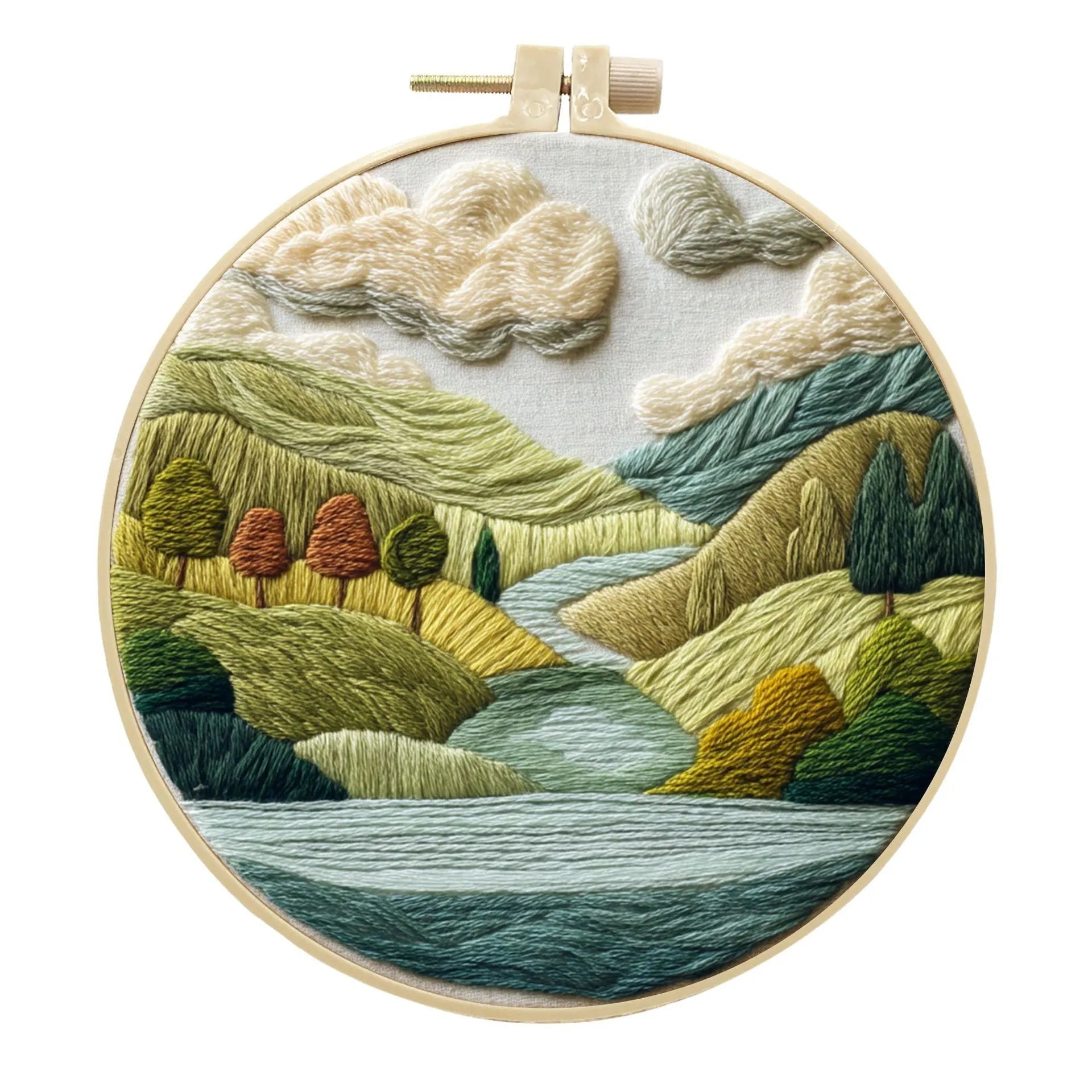 Embroidery DIY kit with landscape-printed cotton fabric, thread, needles, and a 15cm bamboo-style frame.