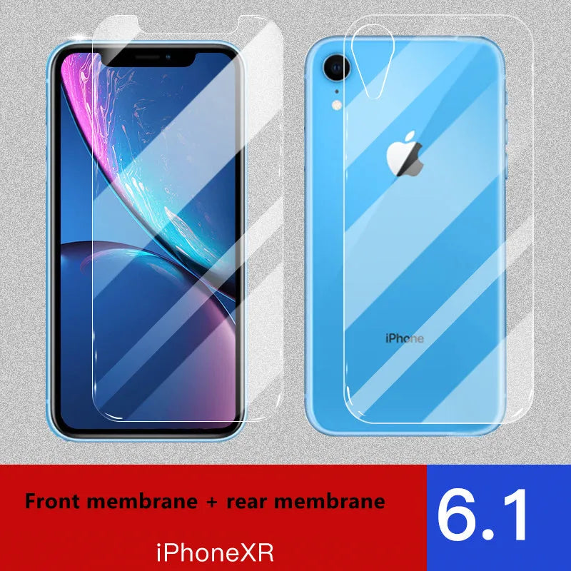 Tempered glass screen and rear protector film for Apple iPhone models on a table.