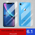 Tempered glass screen and rear protector film for Apple iPhone models on a table.
